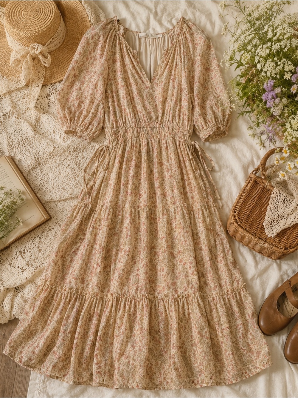 ASTR The Label Cottage-core Floral MIDI Dress Size Medium Smocked Waist
